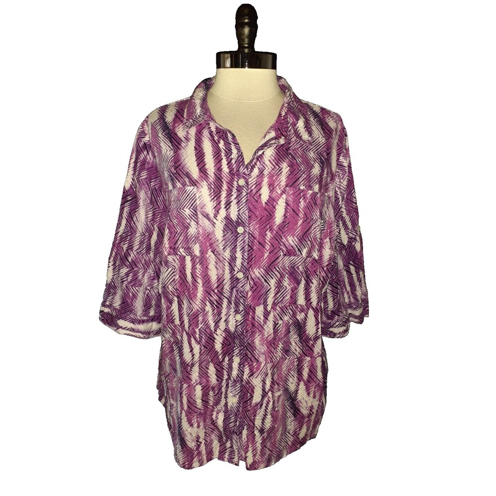 CATHERINES Plus Sz 1X 18W 20W Blouse Shirt Top Purple White Cotton Short Sleeve